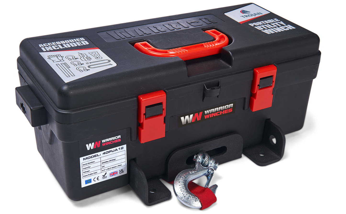 Trojan 4,000lb 12v Portable Utility Winch - Synthetic Rope